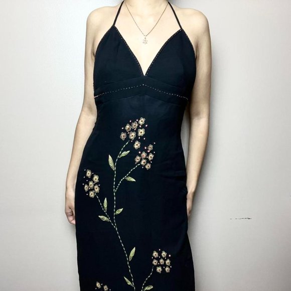 Y 2 K Beaded Embroidered Black Halter - Picture 1 of 2